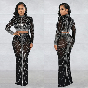Lang Jun's Black Mesh Hot Stamping Diamond Perspective Tight Sexy Long Dress Ensemble de deux pièces pour les spectacles de discothèque et de bar - Product Image 3