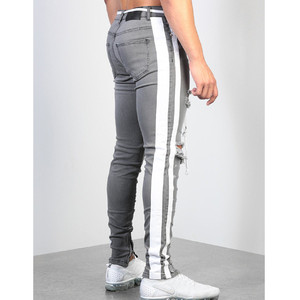Envío gratuito Moda Streetwear hombres Jeans gris Skinny <span class=keywords><strong>Hombre</strong></span> rasgado <span class=keywords><strong>pantalones</strong></span> vaqueros con cinta lateral Homme Hip Hop - Product Image 5