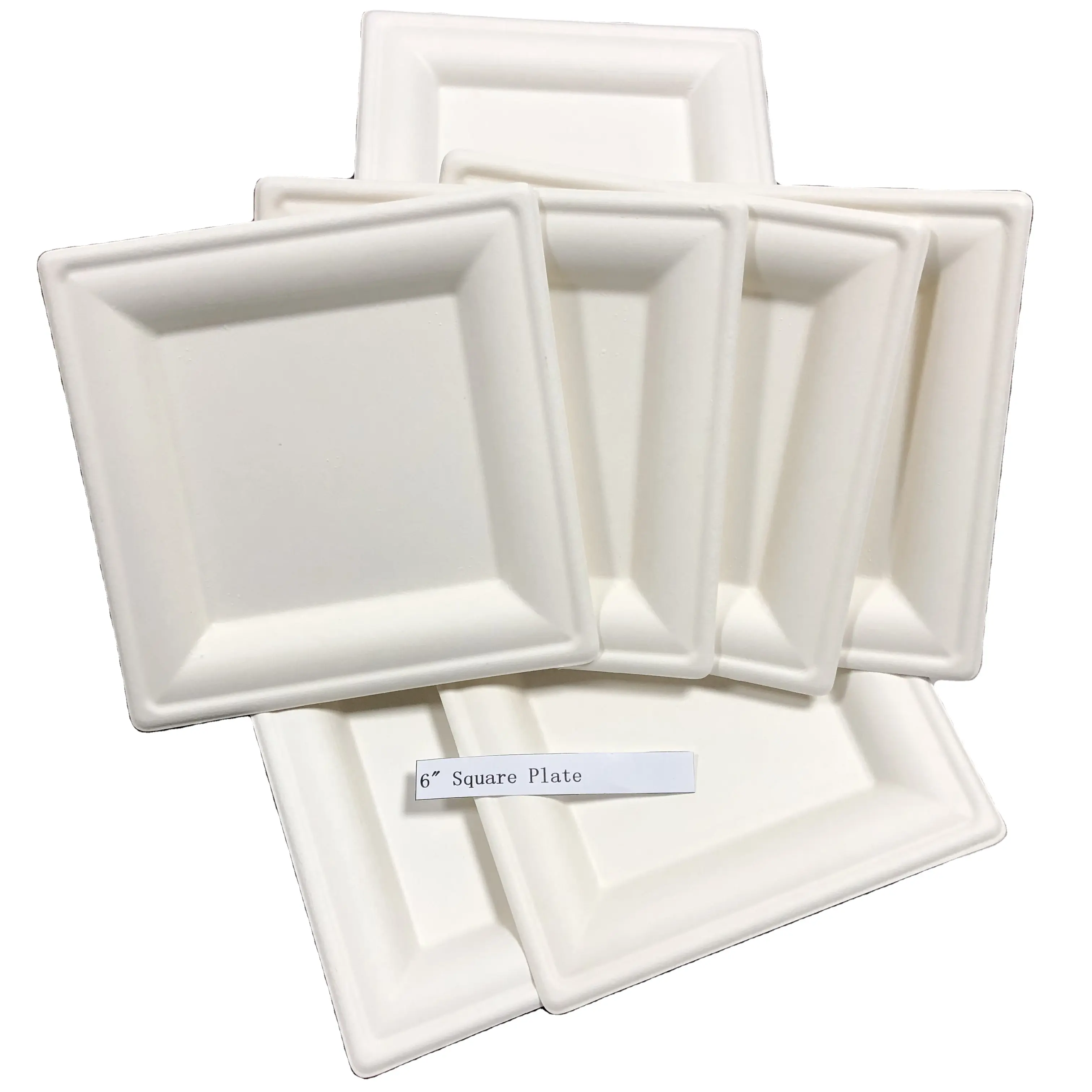 Biodegradable 6/8/10 Inch Square White Sugarcane Tray Bagasse Disposable Plate