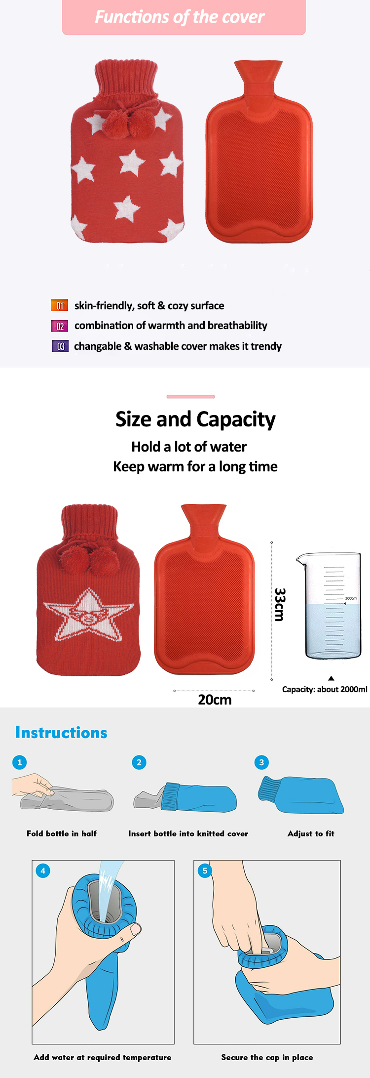high quality wholesale manufacturer warmer waterproof rubber hot water bag bottle 2l with cover
