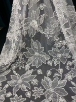 Dentelle en maille brodée de fleurs 3D laser de qualité supérieure, ornée de perles et de sequins, pour robe de mariée élégante