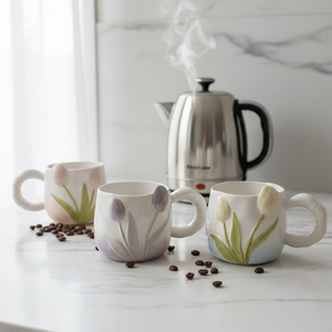 Tazza di ceramica <span class=keywords><strong>tulipano</strong></span> alta estetica dipinta <span class=keywords><strong>a</strong></span> mano sotto-smalto colore gradiente goffrato cartone animato fiore coppia tazza di acqua - Product Image 4