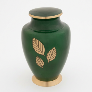 Urne funéraire en aluminium vert gravée feuille d'or, vase commémoratif rond pour table ou sol, souvenir personnalisé, décoration - Artisanat indien pour la maison - Product Image 2