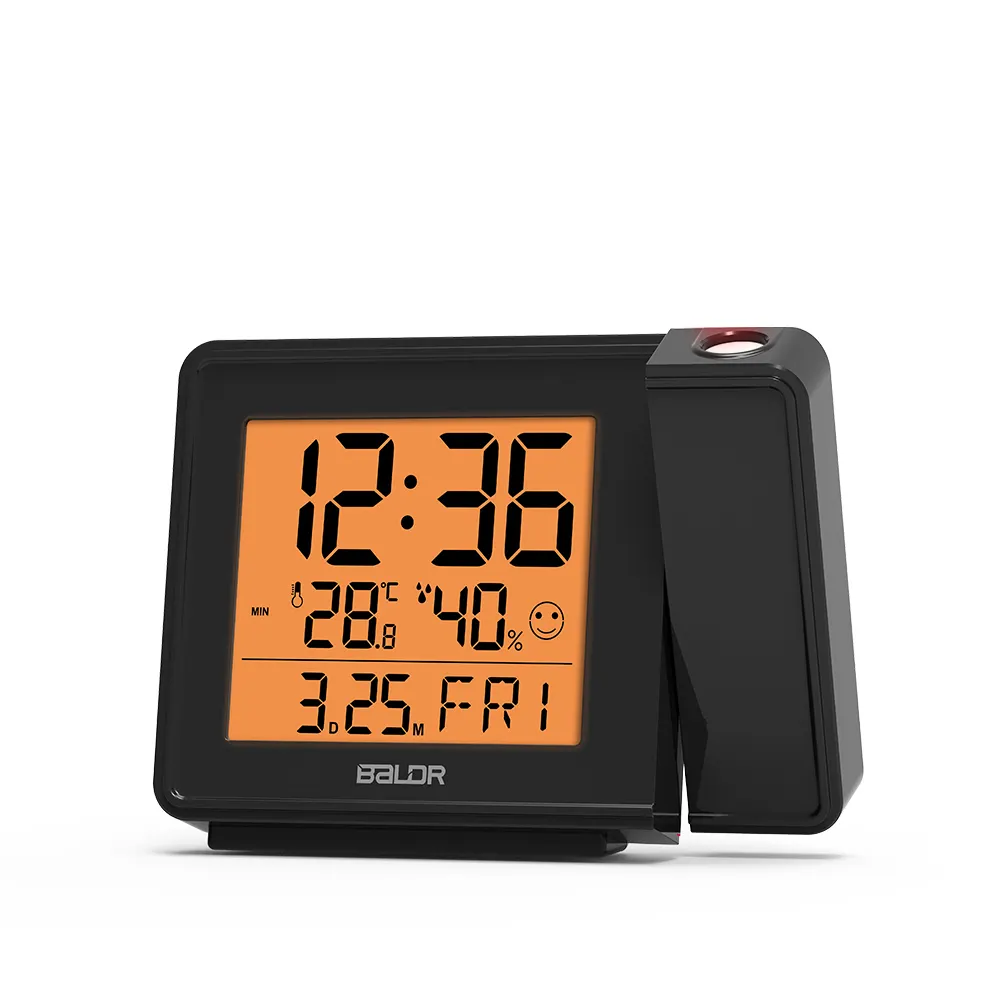 BALDR Projection Alarm Clock Indoor Temperature and Humidity Radio Controlled Time Table Desk Clock Orange Backlight