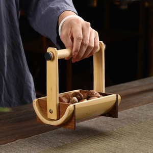 Chinese-style bamboo tea tray with handle, retro Zen-inspired tea ceremony dessert tray, fruit and vegetable basket, tea table - Product Image 2
