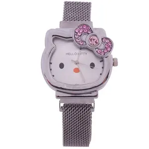 Jam Tangan Anak Perempuan Kartun Kitty Kristal, Gelang Jaring Milan Magnet Cantik untuk Anak Perempuan