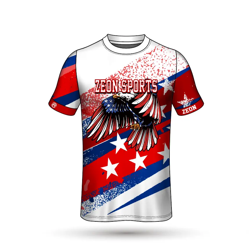 Camiseta deportiva de manga corta con estampado de sublimación con diseño de águila y bandera americana personalizada, cuello redondo