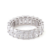 Bague de luxe pour femme en moissanite taille émeraude couleur D VVS1, sertie à griffes, en or blanc 18 carats, avec rangée rectangulaire pavée intégrale, style alliance éternité