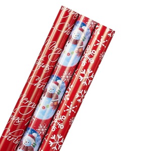 Merry Christmas Snowman Snowflake <b>Pattern</b> Red Metallized Virgin Gift Wrap <b>Paper</b> Roll Double Side Recyclable Digital Printing - Product Image 1