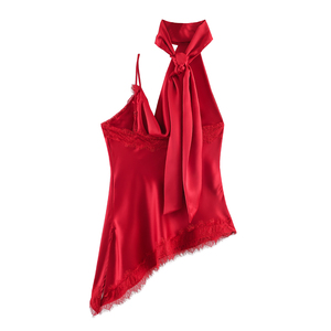 Débardeurs en satin pour femmes, couleur <span class=keywords><strong>rouge</strong></span>, design asymétrique, bordure en <span class=keywords><strong>dentelle</strong></span>, dos ajouré, soyeux, décontracté, mode estivale - Product Image 1