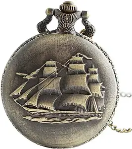 Retro Ancient Sailboat Warships Pirate Ship Pendant Quartz Pocket Watch