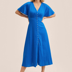 Abito blu abbottonato in <span class=keywords><strong>misto</strong></span> <span class=keywords><strong>lino</strong></span> blu <span class=keywords><strong>abiti</strong></span> da donna eleganti <span class=keywords><strong>abiti</strong></span> Casual - Product Image 4