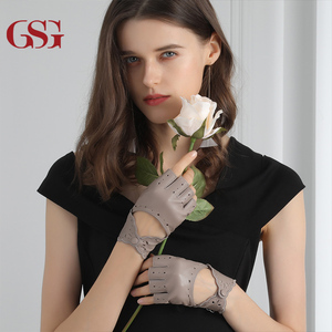 Gants en <span class=keywords><strong>cuir</strong></span> sans doublure pour femme, mi-doigts, sans doigts, pour la conduite, avec broderie laser sexy, accessoires de cosplay, noir <span class=keywords><strong>beige</strong></span> - Product Image 5
