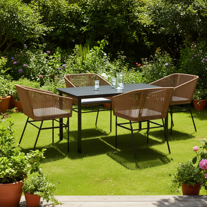 Ensemble de salle à manger de jardin, table avec chaises en rotin marron, structure en acier, meubles d'extérieur résistants aux intempéries, capacité de 4 places assises - Product Image 2