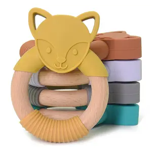 Baby Safe Silicone Wooden Teethers Animal Teething Brinquedos Infant Ring BPA Free brinquedos para bebês 6 a 12 meses