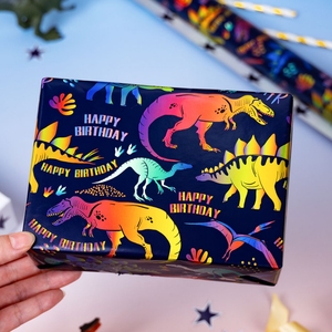 Dinosaur Wrapping <b>Paper</b> <b>Roll</b> Colorful Dinosaur with HAPPY BIRTHDAY ROAR Star Reversible Gift <b>Wrap</b> for Kids - Product Image 1