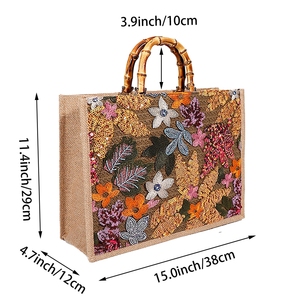 Women Floral Sequins Tote Evening <b>Bag</b> with Bamboo Top Handle Exquisite Embroidered Handbag for Daily <b>Work</b> Travel - Product Image 2