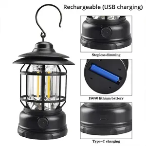Camping-Laterne, über USB wiederaufladbar, batteriebetrieben, Retro-Camping-Licht, wasserdicht, zum Aufhängen, LED-Zeltlampe für Wandern, Angeln - Product Image 1