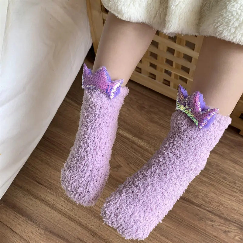 Soft Princess Crown Girl Thick Coral velvet fuzzy Warm Soft Women Cozy Winter Bed Socks Floor Home Fluffy Indoor Tube Socks