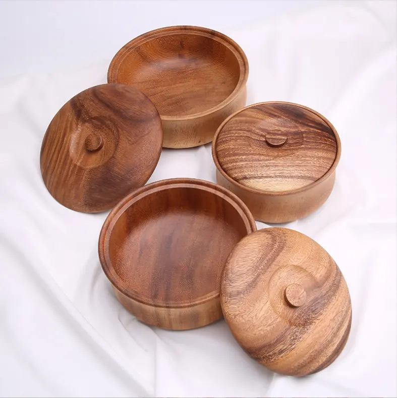 Acacia wooden serving rice nut bowl with lid