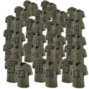 Maillot de football américain de haute qualité, hommage aux services militaires, avec logo, cousu, pour Barkley, Mahomes, Purdy, Barkley, Gibbs, <span class=keywords><strong>Allen</strong></span> - Product Image 1
