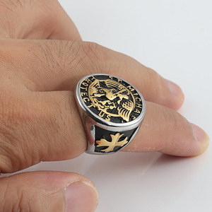 yunnique Men's <b>Titanium</b> Steel <b>Ring</b> Cross Shape Retro Silver Two Tone Gold Holy Angel Design Gift Jewelry - Product Image 2