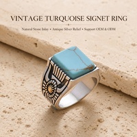 Bague pour homme tendance en cuivre plaqué, étanche, gravée, style vintage vieilli, bicolore, avec turquoise, vente en gros