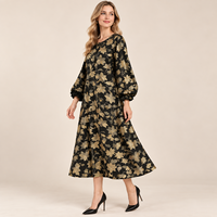 Gaun Midi Wanita Hitam Emas Bermotif Bunga 2026, Kerah Bulat, Lengan Puff Panjang, Model A-Line, Vintage, Elegan, untuk Pesta Musim Gugur, Santai