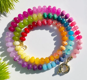 Collier pendentif opale pierre précieuse arc-en-ciel, chaîne en cuivre style Europe & Amérique, fermoir cœur, perles plates - Product Image 3