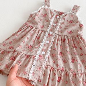 2025 estate abiti <span class=keywords><strong>da</strong></span> bambino in cotone stile coreano gilet floreale per ragazze semplici tinte in pizzo retrò francese con finiture al ginocchio - Product Image 3