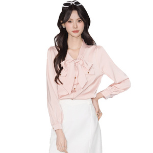 Pink Women's <b>Blouse</b> Long Sleeve Bow Front Acetate <b>Satin</b> Top Everyday Wear - Product Image 5