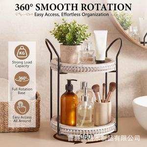 Wooden Rotating Desktop <b>Storage</b> <b>Tray</b> Round 2 Tier Distressed Finish For Bathroom Kitchen Countertop Organization - Product Image 2