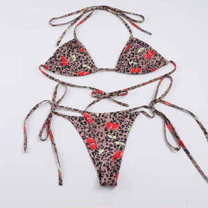 Women Leopard Cherry Print Bikini Set Sexy Halter Triangle Top and Side <b>Tie</b> Bottom Vacation Beach Wear for 2026 Summer Festival - Product Image 6