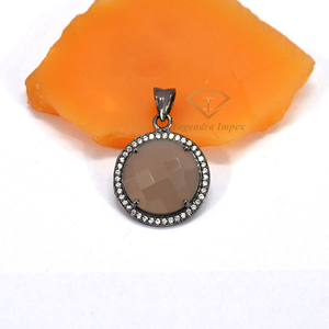 Colgante de Plata de Ley 925 con gema de Calcedonia gris de forma redonda, colgante chapado en rodio negro hecho a mano, joyería para mayorista - Product Image 1