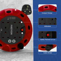 Enrouleur de câble électrique Pheiyon OEM ODM, rallonge 4 voies 5M 13A UKCA CE avec coupure thermique, sacoche robuste, vente en gros
