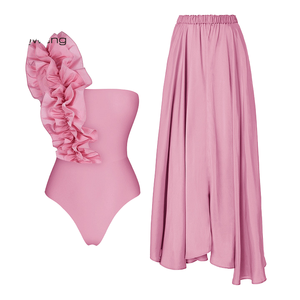 Maillot de bain 2 pièces sexy JSN Custom 2025 rose à volants asymétriques avec détail à la taille, respirant et séchage rapide pour femme - Product Image 1