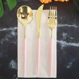 Plastic Disposable Dinnerware Set Cutlery Set Black Silver Gold Rose Gold Pink Knife/Fork/Spoon/Napkin 20cm