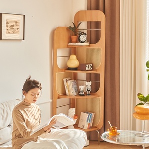 Étagère d'angle <span class=keywords><strong>en</strong></span> bois massif rotin tissé multicouche bibliothèque murale à angle droit Triangle chambre salon armoire - Product Image 1