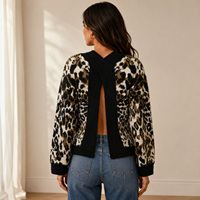 Pull en maille chic à imprimé léopard pour femme, col rond, manches longues, fente sexy au dos, avec bordure côtelée noire, OEM/ODM