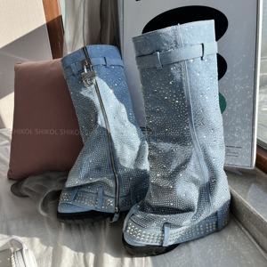 SHIKOL sepatu bot hiu berlian imitasi untuk wanita, sepatu bot tinggi lutut berlian imitasi kustom dengan kunci lipat berlian imitasi - Product Image 2