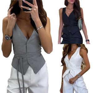 Rompi tanpa lengan leher V, desain baru pakaian wanita atasan dasi - Product Image 2