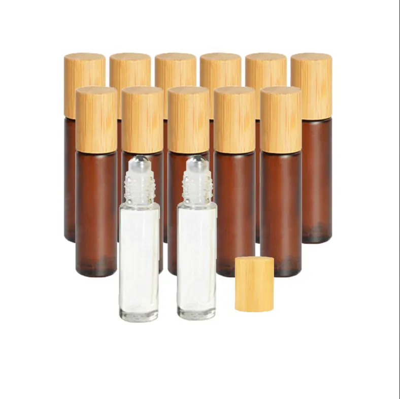 HOT Brown Amber clear Frosted Glass Roll on Bottles 10ml Empty Refillable Bamboo Cap Dispense Sample Essential Oil Container