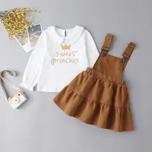 Fashion Long-sleeved White Shirts Strap Skirts Baby Girl Clothes Set Spring Fall Clothes Crown Print Pullover Children's Wear