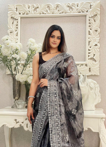 Compre un Sari Elegante y Exquisito para Fiestas, Blusa de Seda con Diamantes, Bordado Zari Plateado, Protección Solar, Secado Rápido para Mujer, Especial - Product Image 3