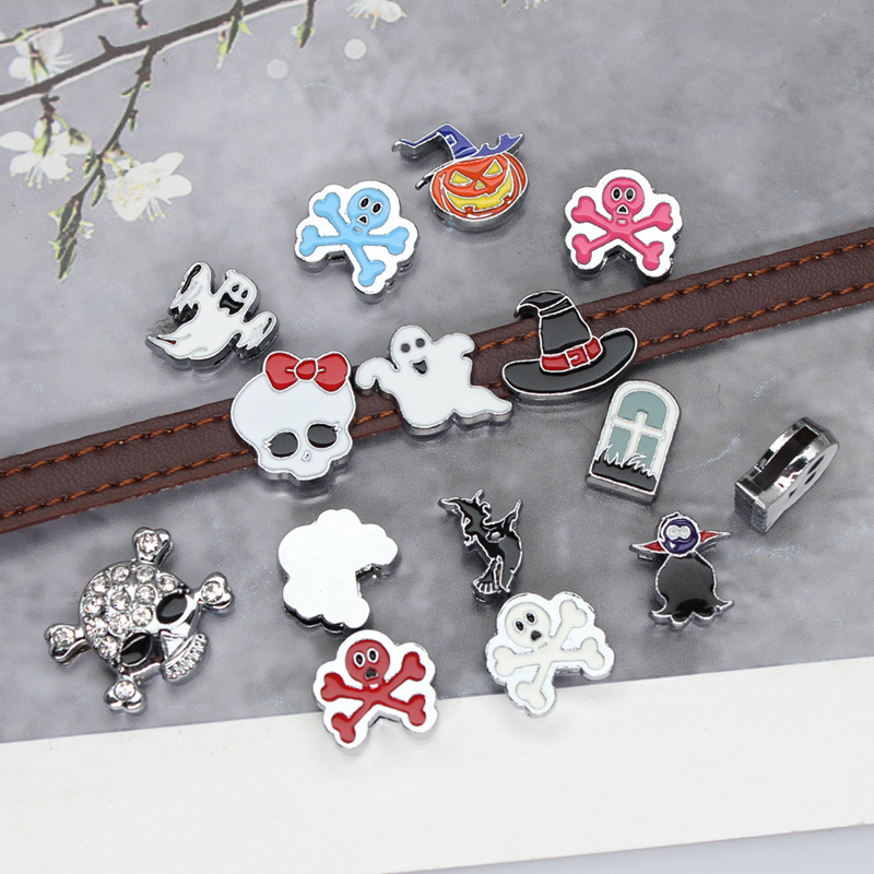 Gothic Witch Ghost Tombstone 10pcs/lot 8mm Enamel Skull Slide Charms Diy Pendant Charms Fit 8mm Wristband Band