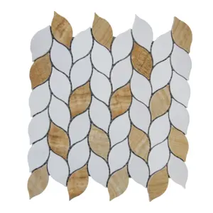 Leaves pattern yellow wood+sivec white marble mosaic tiles 24x24