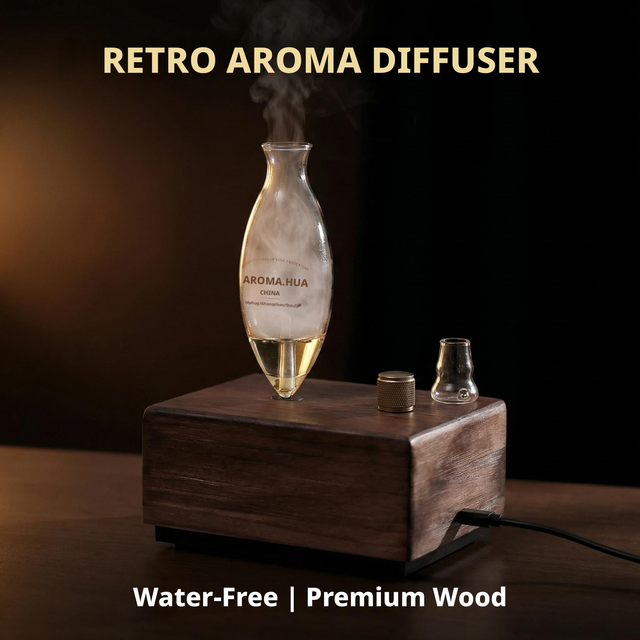 Solid Wood Waterless Nebulizing Aromatherapy Device Fireplace Flame Effect Home Decor