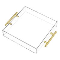 Plateau de service en acrylique transparent personnalisé de 12 x 12 pouces, poignées dorées, design pliable, montage facile pour le café, les étagères de salle de bain