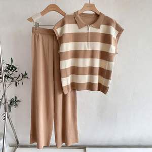 Summer Casual Loose Fit Polo Collar Half-Zip Striped <b>Knit</b> <b>Sleeveless</b> <b>Top</b> + High-Waisted Wide-Leg Pants Versatile Set - Product Image 3