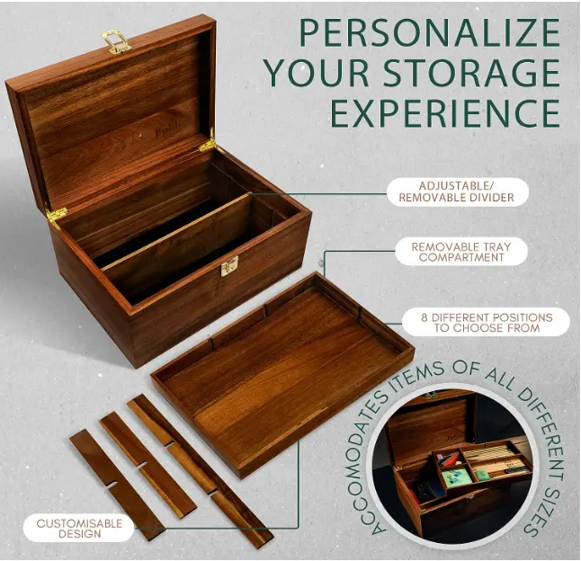Caja de recuerdo de madera con bloqueo FSC & BSCI con bandeja ajustable y divisor, caja de regalo de almacenamiento de recuerdos de boda
